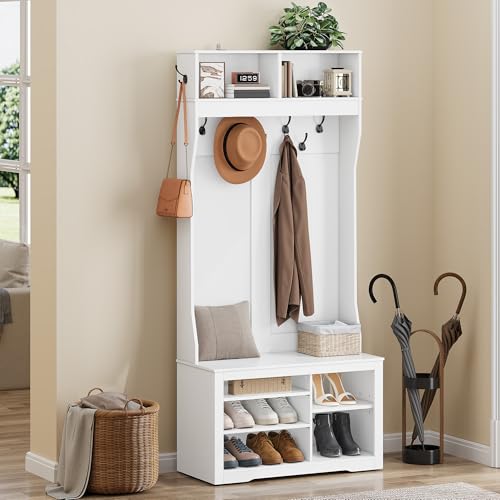 YITAHOME Garderobenständer mit Schuhbank, Garderobenschrank, Garderobe, Flurgarderobe mit 5 Haken & Oberschrank, für Diele & Wohnzimmer,Verstellbare Regalebenen Schuhschrank,80x35x180.5cm, Weiß