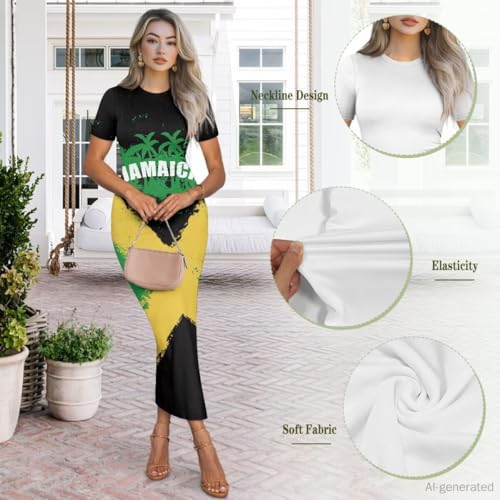 Image of Womens Short Sleeve Jamaican Flag Midi Bodycon Dress