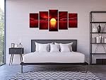 Wieco Art - Red Sun Modern 5 Panels Stretched and Framed Seascape Giclee Canvas Prints Artwork Ocean Sea Beach Pictures Paintings on Canvas Wall Art for Living Room Bedroom Home Decorations