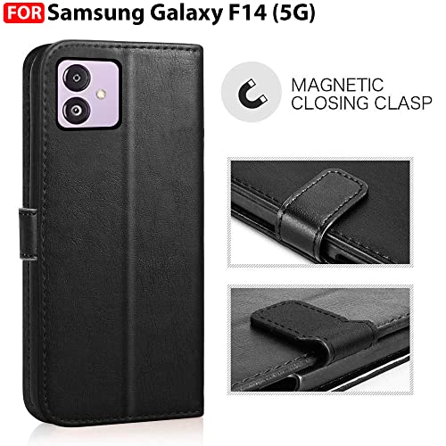 Image of CEDO Flip Cover for Samsung Galaxy F14 (5G) | Leather Finish | Inside Pockets & Inbuilt Stand | Shockproof Wallet Style Magnetic Closure Back Case Flipcover (Black)