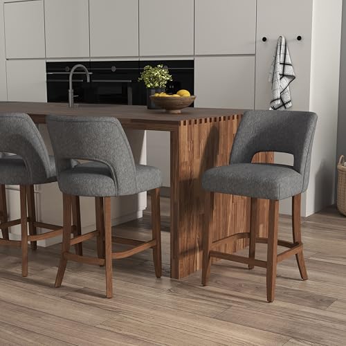 Image of VKNOW Bar Stools Set of 4, 26 inch Upholstered Counter Height Bar Stools, Modern Counter Stools with Wood Legs for Kitchen Island Dining Room Bar, Charcoal