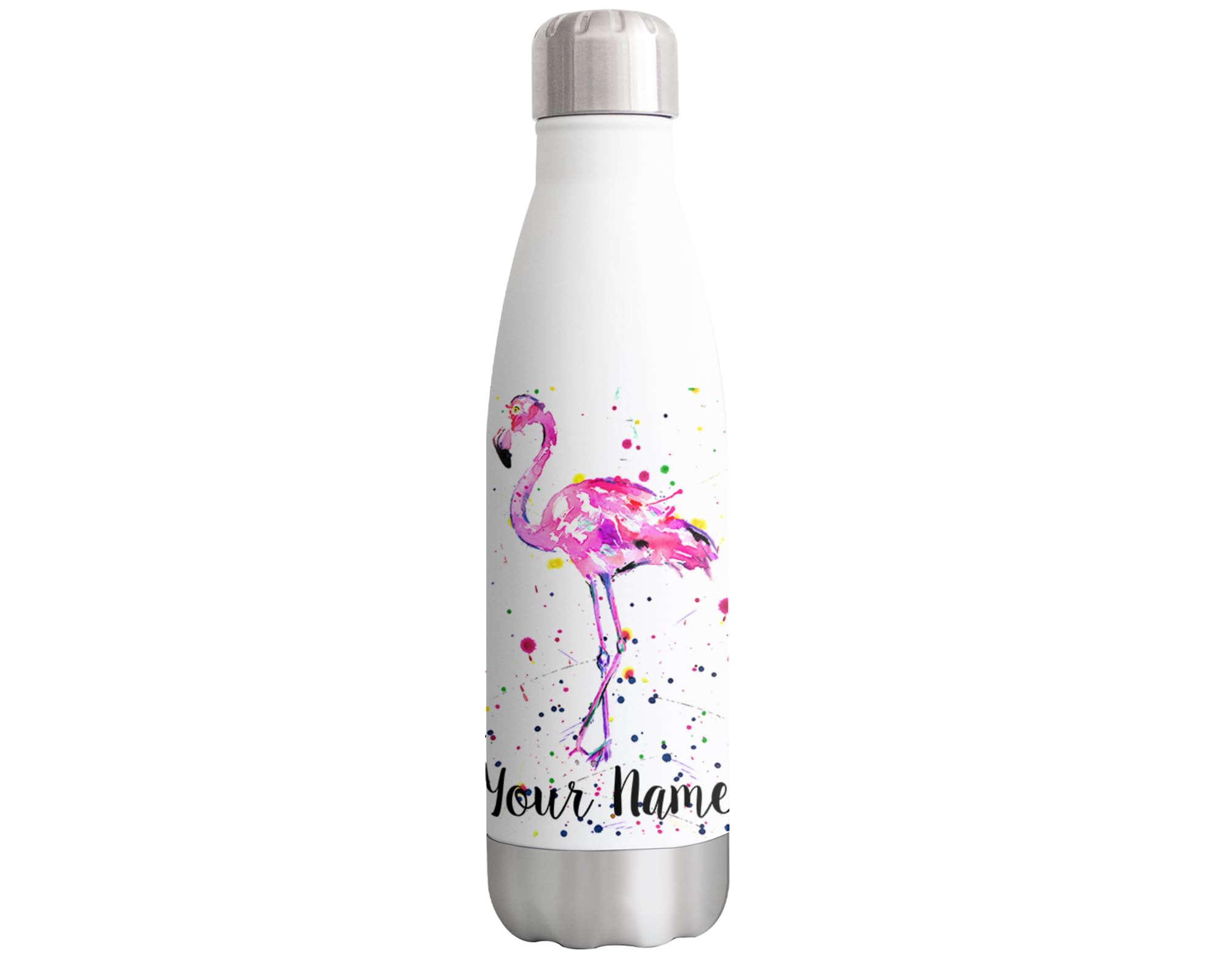 Vixar White With Print Flamingo Personalised Custom Bottle With Your Text/Name Bird Animals Watercolour Bottle Double Wall Insulated Stainless Steel Sport Drinks 500Ml