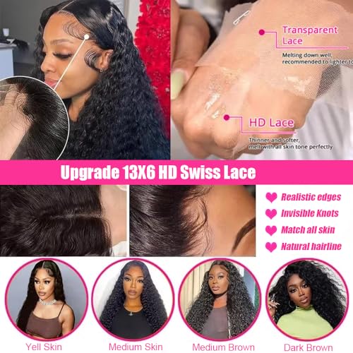 jtmmp 13x6 deep wave lace front wigs human hair 200 density 26 inch curly human hair wig for women natural black hd transparent lace glueless frontal wigs human hair pre plucked