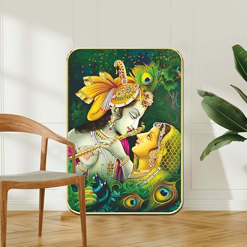 Image of SAF Radha Krishna Wall Painting with Peacock Feathers | Spiritual Love Artwork for Home Decor | Hindu Religious MDF Wall Art for Living Room Bedroom Temple Gifting (18 x 24 Inch) ETNF01-996