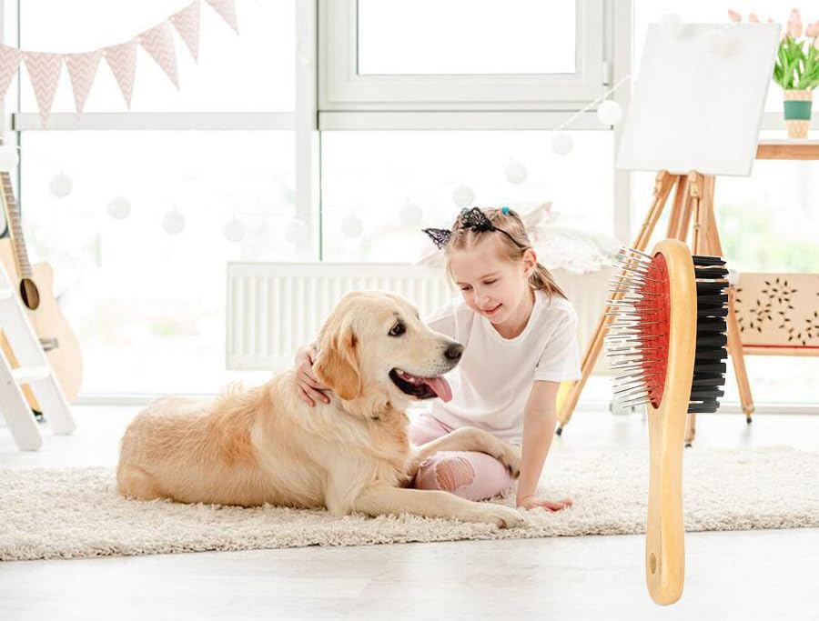 Wooden Dog Brush Double Sided Pet Brush 2 in 1 Dog Pin Brush and Bristle Soft Brush for Cleaning Loose Fur & Dirt - Image 4