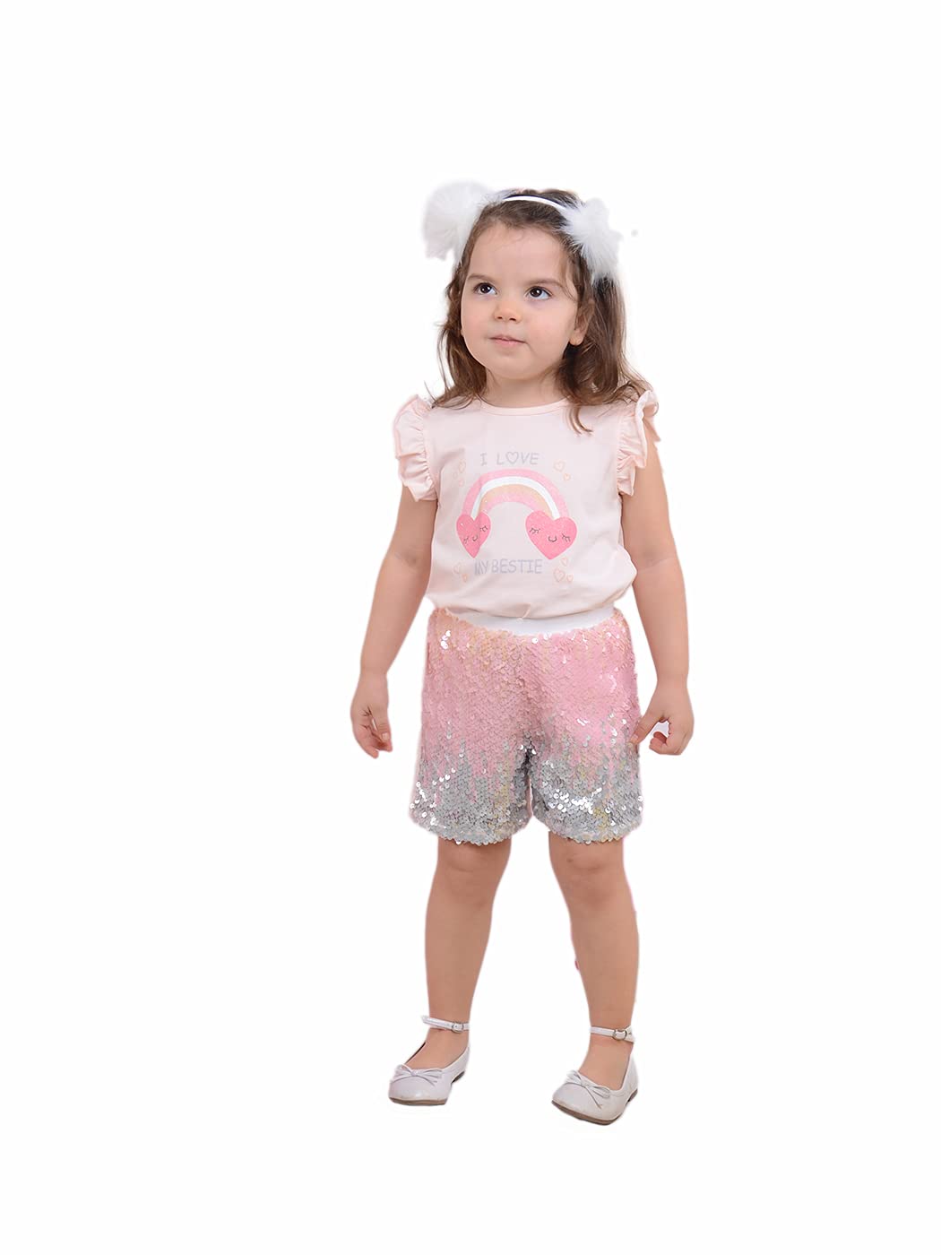 Serkon0065 Girls 3 Piece Set Sequin Shorts, T-Shirt and Headband Birthday Children's Party Summer Outfit