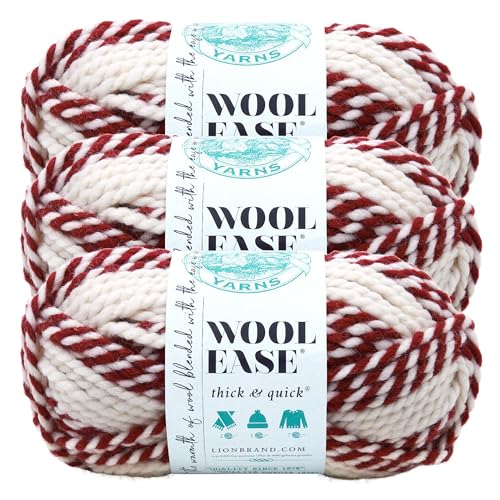 Image of Lion Brand Yarn, Wool-Ease Thick & Quick, Red Beacon, Red Stripes, 3 Pack | Super Bulky Wool Acrylic Blend Fiber for Soft Hats, Sweaters, Chunky Blankets, Yarn for Crochet, Knitting, Crafts, Weaving