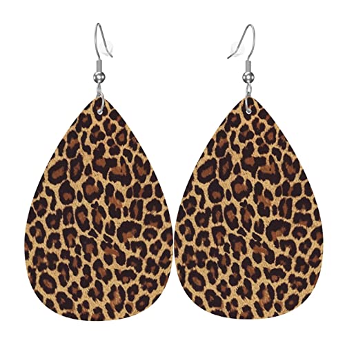 Leopard Print Leather Teardrop Earrings For Women Dangle Lightweight Faux Leather Earrings