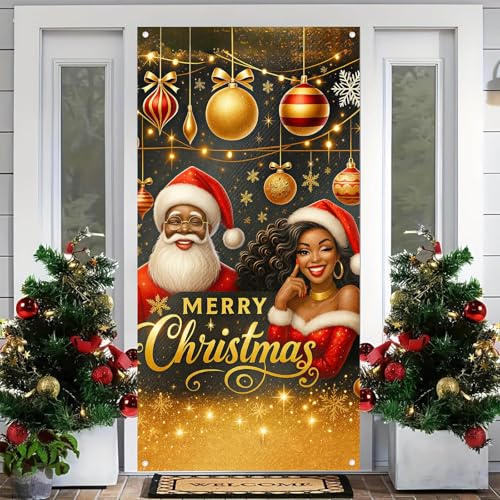 Image of BlissYard Holiday Door Cover Black Santa Mrs Claus 35x71 Inch Polyester