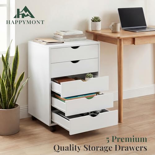 Image of Mobile File Cabinet Under Desk, 5 Drawer Storage Organization with Wheels, Vertical Filing Chest Rolling Wood Small Desk Printer Stand for Home Office, 15.75 inch D x 18.74 inch W x 25.39 inch H