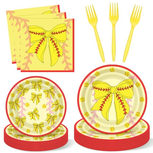Havawish 96 Pcs Coquette Bow Softball Party Supply Softball Sports Birthday Party Decoration Disposable Paper Plates and Napkins Baby Shower Tableware Dessert Dinnerware for Women Sports Team 24 Guest
