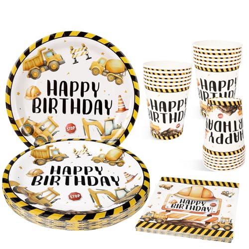Conjunto de louça para festa de obras de construção de 52 peças, decoração de escavadora para pratos de escavadora copos de papel guardanapos para festas de aniversário infantil para 16 pessoas