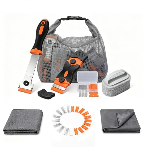 Glass Cooktop Cleaning Kit,4-in-1 Scraper with 20 Blades, Non-Scratch Dish Brush with Absorbent Cloth&Storage Bag–Stove Top Deep Cleaning Set for Kitchen Ceramic, Halogen, Gas Stove & Glass Surfaces
