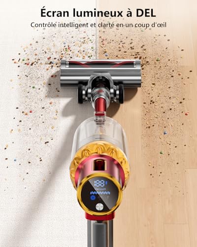 60KPA/600W Aspirateur Balai sans Fil, 75 Minutes Autonomie Aspirateur sans Fil Puissant avec Recharge Murale Écran Intelligent, aspirateur balai puissant pour Les Poils d'animaux/Tapis/Sols Durs – vue 9