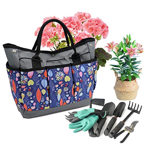 Garden Tote Portable Gardening Organizer with 8 Pockets Garden Tools Tote Bag with Elastic Bands to Hold The Tools Stand Up Bottom Great Gift Tool Bag for Women/Men's Garden Works(Tools Not Included)