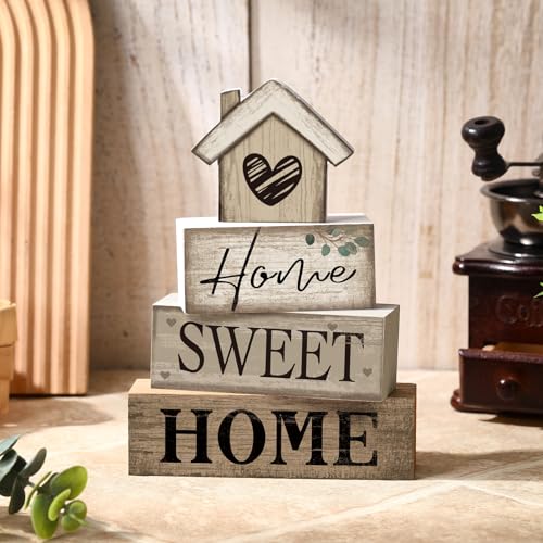 Image of Moucuny 4 Pcs Wooden Farmhouse Tabletop Decor Rustic Home Tiered Tray Decor Decorative Highland Cow Home Eucalyptus Block Signs Gift Farmhouse Table Decoration for Kitchen Shelf(House)