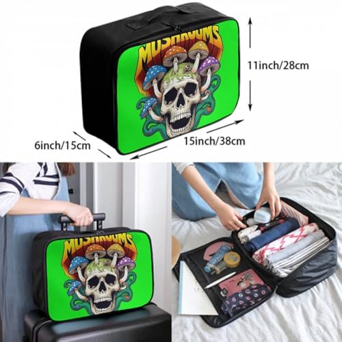 Luggage Lever To Hang Bags, Foldable Travel Storage Sports Gym Tote Bag, Carry On Tote Weekender Large Overnight Bag Trippy Skull And Mushroom Green Art3
