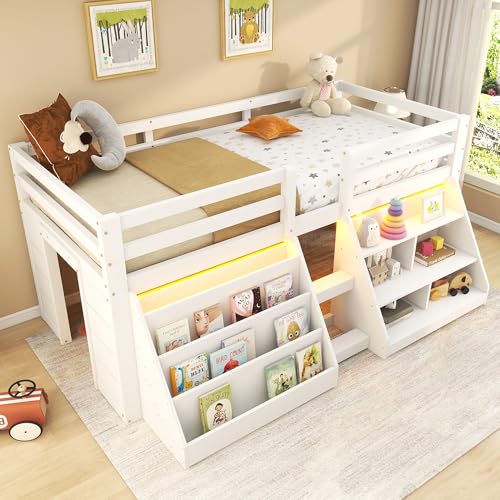 LAKFEW Cama Alta Litera de 90x200 cm Cama Infantil con Iluminación LED y Compartimentos Abiertos, Cama Tren para Niños con Protección Anticaída y Escalera, Camas Infantiles, Blanco, Sin Colchón