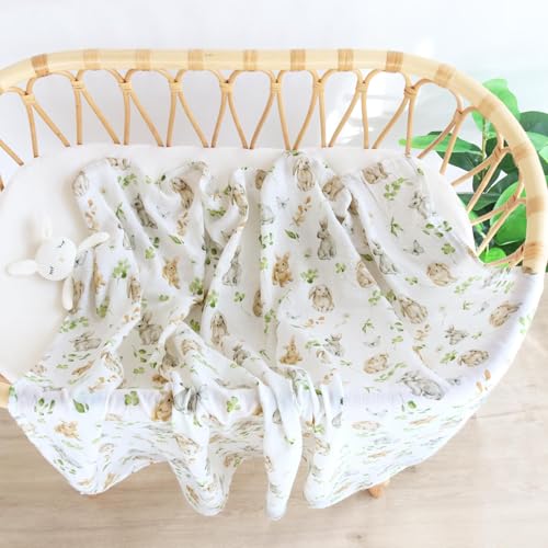 Image of LifeTree Baby Swaddle Blankets, Muslin Swaddle Blankets Boys Girls Swaddling Wrap Receiving Blanket for Newborn, 70% Viscose Bamboo and 30% Cotton, Large 47 inch x 47 inch, Leaf & Rabbit Pattern