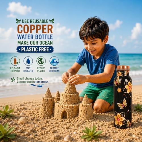 Image of Pure Copper Water Bottle - Handcrafted - Ayurveda health benefits - Large 1000 ml - Leak proof - Easy to carry for Sports, Fitness, Yoga, School - Black Base Floral Textured Colorful Enamel