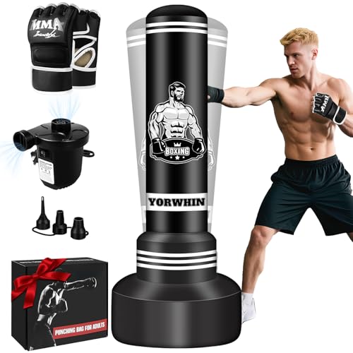 Freistehende Boxtasche für Erwachsene Teenager, 175 cm stehende Boxtasche Kicking Bag Schwere Tasche mit Boxhandschuhen und elektrischer Luftpumpe, Männer Kickboxing Taschen für Anfänger Training MMA