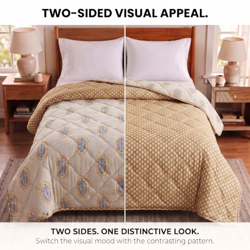 Image of BSB HOME Premium 280 GSM Quilted Comforter, Soft Plush Floral Printed Bedspread, Cozy Warm Reversible Blanket for Bedroom, Elegant Winter Bedding Comforter, 80 x 85 Inches (203 x 215 cm) - Pale Sand