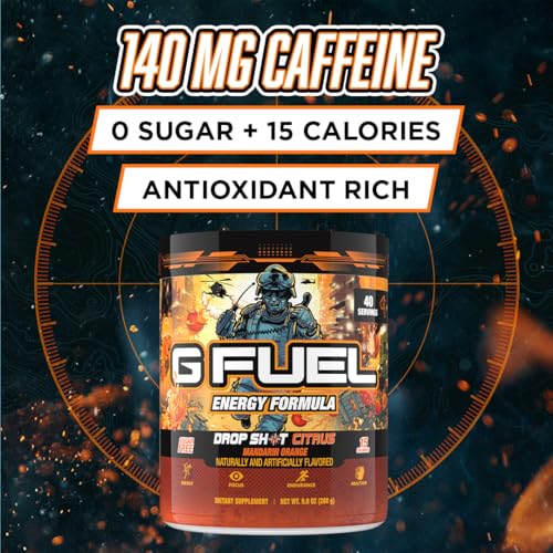 Image of G Fuel Drop Shot Citrus Energy Drink Powder, Pre Workout Caffeine Mix for Gaming, Sugar Free Focus Amino, Vitamin + Antioxidants, 9.9oz (Mandrin Orange, 40 Servings)