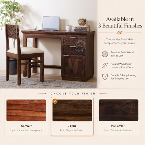 Image of NSH Solid Sheesham Wood Study Table with Chair | Wooden Writing Desk with Drawer & Door Storage | Pre-Assembled Computer Desk Workstation for Home Office & Study Room | Teak Finish