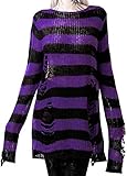 Vinsekep Women's Punk Gothic Sweater See Through Hole Ripped Striped Long Knit Pullover Dress Sweaters Shirt Black Purple Oversize OneSize