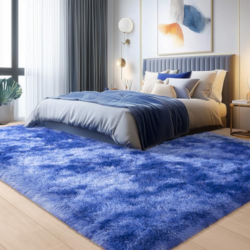 Living Room Rug 9x12, Soft Extra Large Tie Dye Blue Fluffy Shag Rug for Boys Bedroom, Non-Slip Modern Indoor Fuzzy Big Plush Rugs for Kids Room, Dorm, Home Decor