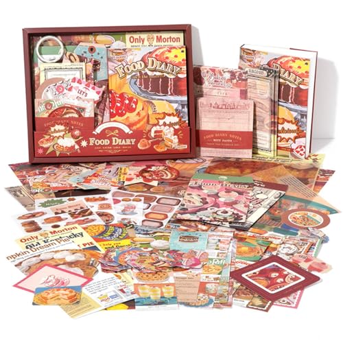 Image of The AutoStory Recipe Book Scrapbook Kit A6 Junk Journal Notebook Yummy Meal Stickers Cooking Decorative Papers Washi Tape DIY Craft Art Creative Cookbook Writing Gift (Food Diary, Red)