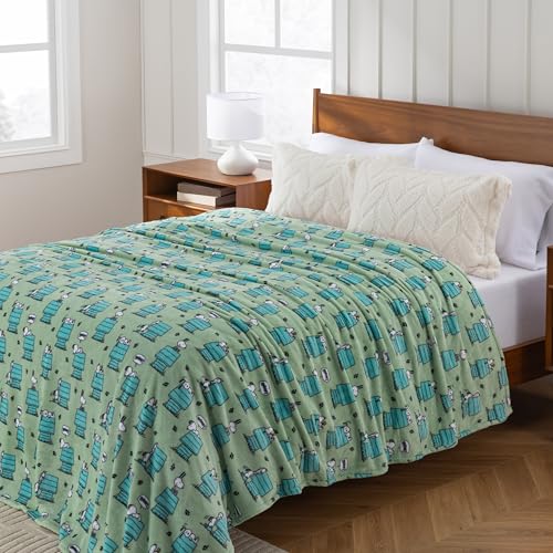 Image of Berkshire Peanuts VelvetLoft Cute Character Snoopy Plush Blanket,Regular Snoopy Dog House Poses & Paws Closed in Sage,Full /Queen 90 in x 90 in (Official Peanuts Product)