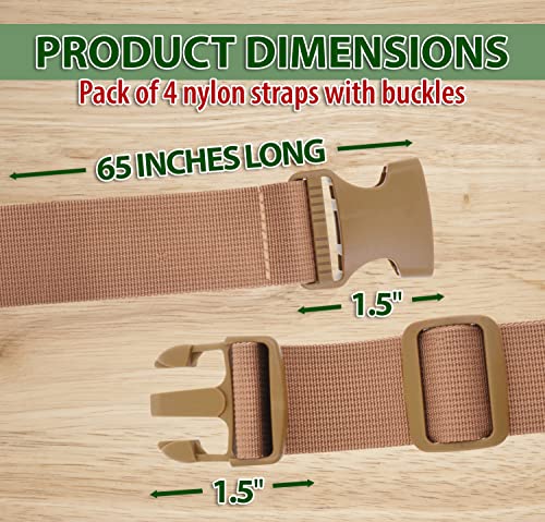 Image of Mandala Crafts Khaki Adjustable Buckle Straps Belts for Bags Luggage, 4 PCs | 65 inch Nylon Webbing, 1.5 inch Quick Side Release Clips, for Utility Use, Packing, Suitcases, Sleeping Bags, Backpacks, Camping Gear