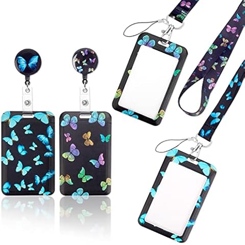 LYroo 2 Pack Butterfly ID Badge Holder with Lanyard Cute ID Card Holders with Retractable Lanyards for Women,Nurse,Teacher Id Badges and Keys Cover