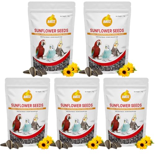 Image of BOLTZ Striped Premium Sunflower Seeds for Birds, Bird Food for Lovebirds, Cockatiels, Sun Conure, African Grey Parrot, Amazon, Macaws, Cockatoos for All Life Stages (5Kg(Pack 5))