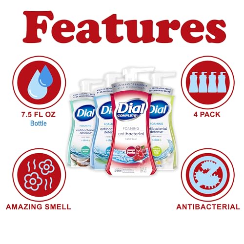 Dial Foaming Hand Wash Variety Pack, 4 Count, Assorted Scents Hand Soap in Pump Bottles, Coconut Water, White Tea, Power Berries, Spring Water, Gentle Moisturizing Aloe Vera Formula, 10 fl oz Each - Image 3