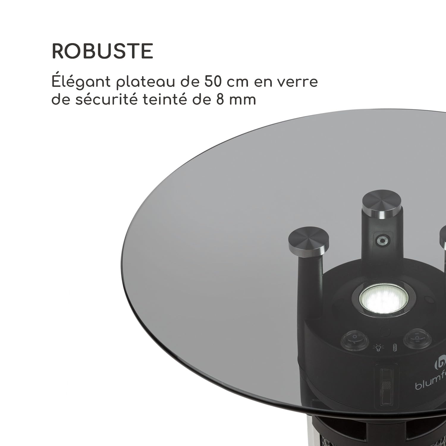blumfeldt Primal Heat - Riscaldatore radiante da terra, Riscaldatore IR da tavolo alto, Radiatore a infrarossi da 1600 W, Sensori di prossimità a infrarossi, Altezza: 65 cm, Argento
