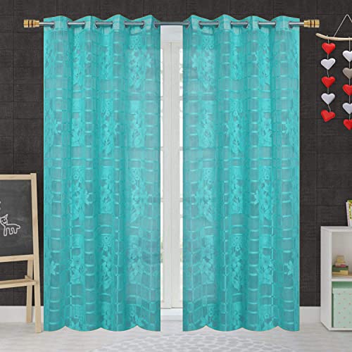 Image of Fabrilia Heavy Polyester Net Semi Transparent Fancy Grommet Semi Sheer Curtains, Floral Design, Aqua, Long Door- 4 Feet X 9 Feet, Pack Of 2 Pcs