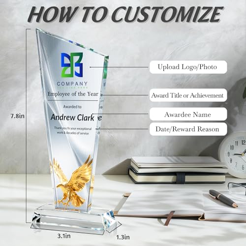 Image of Custom Crystal Trophy Award Personalized Plaque Award with Text Logo Photo Awards Trophies for Employee Recognition Team Graduation Personalized Office Gifts for Boss Coworker Teacher