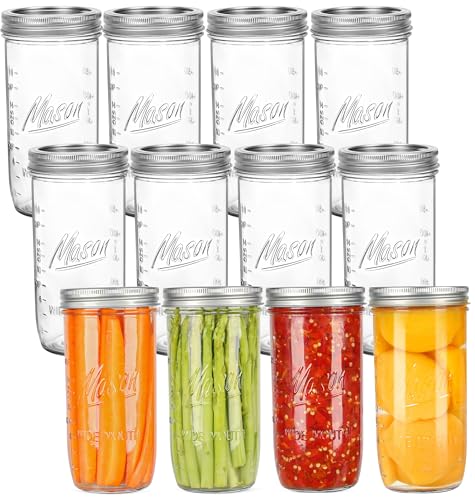 24 oz Wide Mouth Mason Jars - Canning Jars with Metal Airtight Lids and Bands 24 ounce Mason Glass Jars for Fermenting Pickling Meal Prep Overnight Oats Jam Jelly DIY Projects (12 pack)