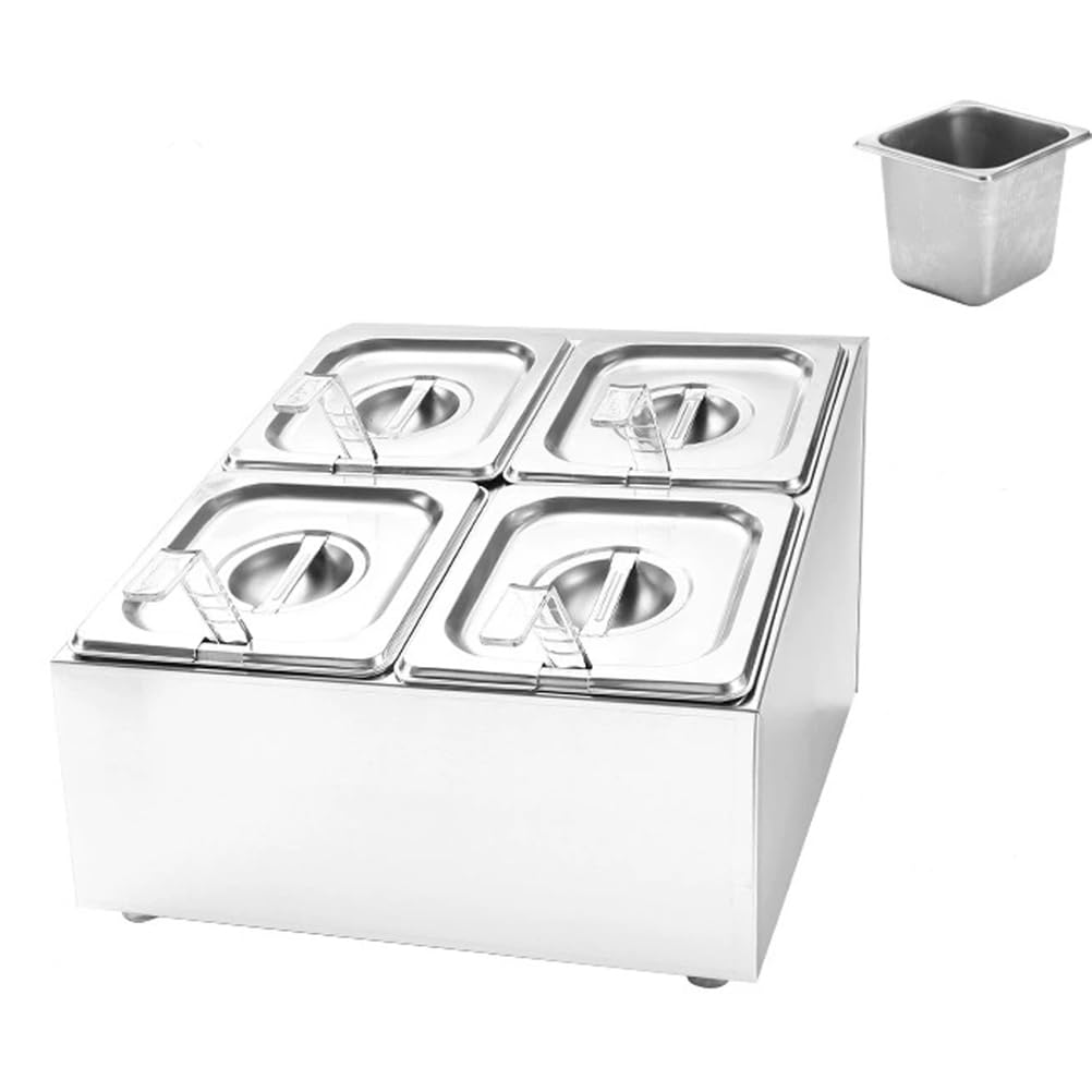 Estación de acero inoxidable para pizza con recipientes de condimentos, sartenes, tapas y dispensador de especias inclinado para condimentos, salsas, ensaladas, mermeladas, frutas e ingredientes