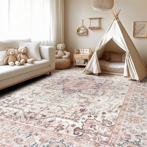 Lofus 3x5 Area Rugs for Living Room, Washable Area Rug, Rugs for Bedroom, Kitchen, Vintage Boho Carpet, Soft Non-Slip, Low Pile Large Area Rug for Office Dining Room, Pink