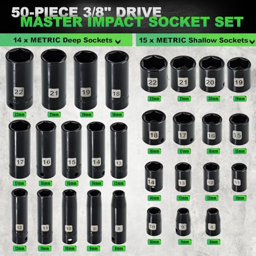 Image of 3 /8 inch Drive Impact Socket Set, 50 Piece Standard SAE (5 /16 to 3 /4 inch) and Metric (8-22mm) 6 Point, Extension Bars, Impact Universal Joint, Adapter, Cr-V Steel