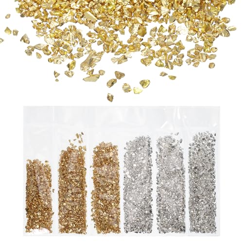 uxcell 6 Colors Crushed Glass Glitters 2-4mm Irregular Chips Sequins, Metallic Chunky Glitters Stones for Resin Art, Nail Craft (Gold Silver, 1.06 oz/ 30g)