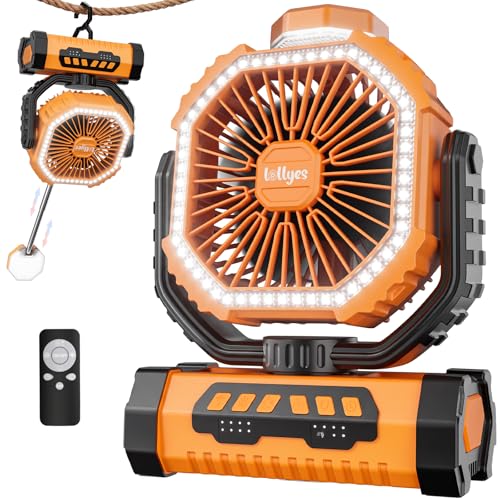 Rechargeable Camping Fan with Telescopic LED Lantern & Remote, 20000mAh USB C Battery Operated Portable Tent Fan, 360° Rotating Hook, 4 Speeds for Outdoor, RV, Travel, Beach, Home Emergency (Orange) by lollyes - Used condition - US$37.32