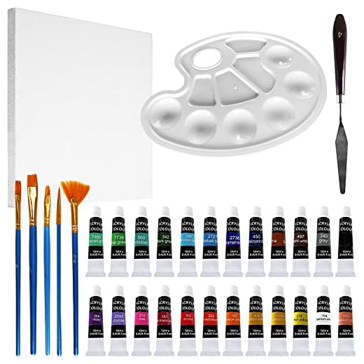 Kit de Pintura Acrílica No Tóxica, Set de 24 Pinturas de 12ml con Múltiples Accesorios Ideal para Artistas Principiantes y Profesionales - 24 Colores Vibrantes