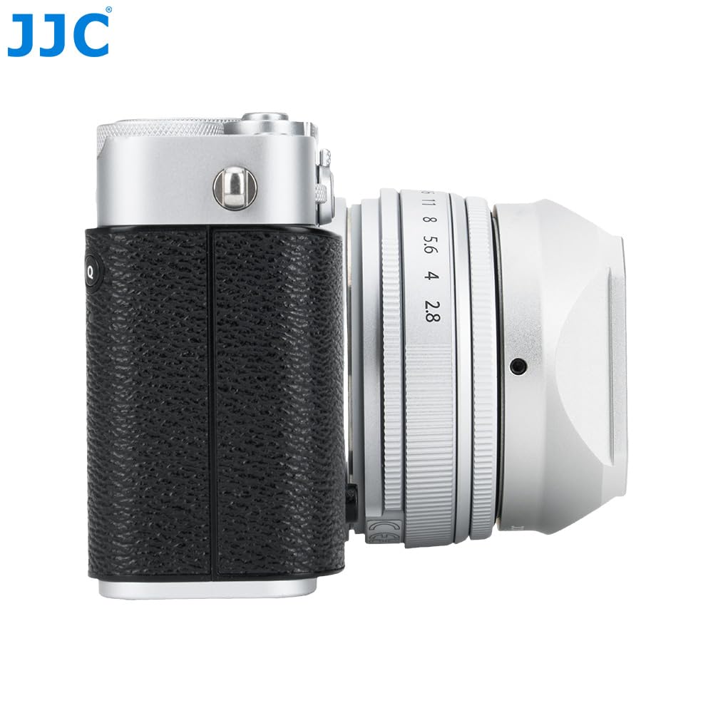JJC Metalowa kwadratowa osłona obiektywu do FUJIFILM XF 23 mm F2.8 R WR Fuji XF27mm F2.8, osłona przeciwsłoneczna obiektywu aparatu z osłoną maski, zastępuje oryginalny Fujifilm LH-XF27, srebrna