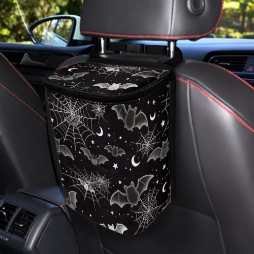 Image of Talayituse Bat Spider Web Moon Print Car Trash Can Portable Auto Garbage Bin Multifunctional Vehicle Interior Accessories with Adjustable Straps Universal Fit Truck SUV Sedan Halloween Decor