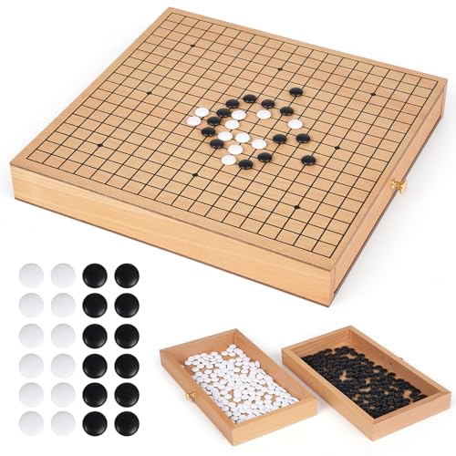 12-Inch Traditional Wooden Go Game Set with Pull-Out Storage Drawers – Classic Weiqi Board Game with Black and White Stones – Premium Wood Go...