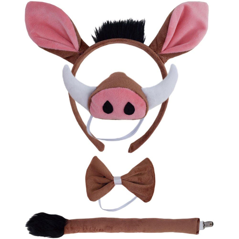 Glixoft Warthog Costume Set with Headband Nose Tail Bow Tie Animal Costume Accessories for Halloween Dress Up Play Party